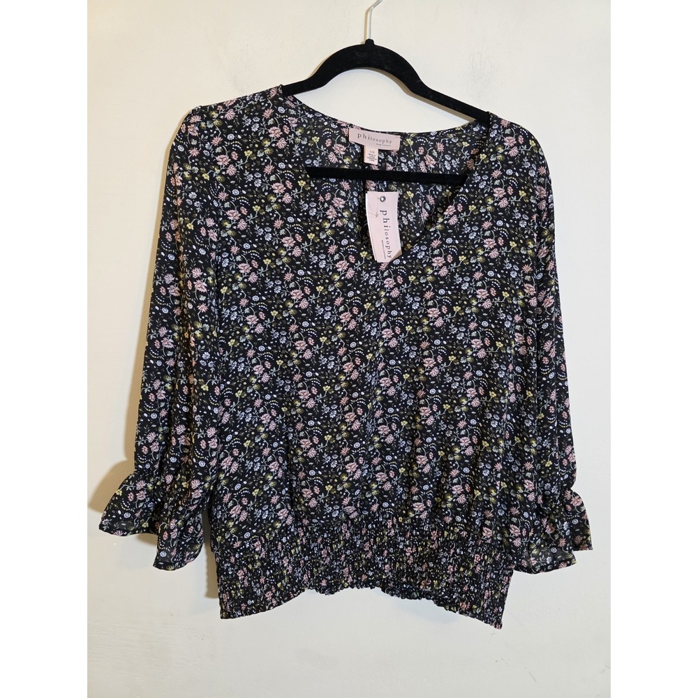 Philosophy Black Floral V-Neck Blouse with Pink & Green Accents